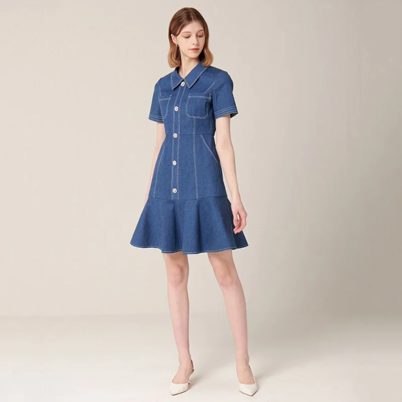 

2022 New dress single breasted A-line commuting solid color horn Ruffle denim dress women's summer