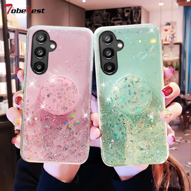 Bling Glitter Silver Foil phone holder Case For Samsung Galaxy A15 A25 A35 A55 A05 A05S 4G 5G Silicone Cover