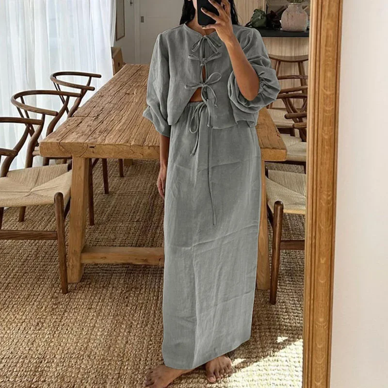 

Женский Повседневный костюм из 2 предметов, однотонная Свободная рубашка с V-образным вырезом и завязкой и длинная юбка, элегантный комплект из 2 предметов