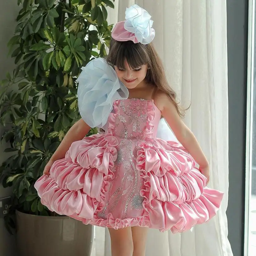 Girl Lolita Princess Party Dress Summer Bow Children\'s Pink Puff Cake Dress Model Fashion Show Costume A4039 Vestidos