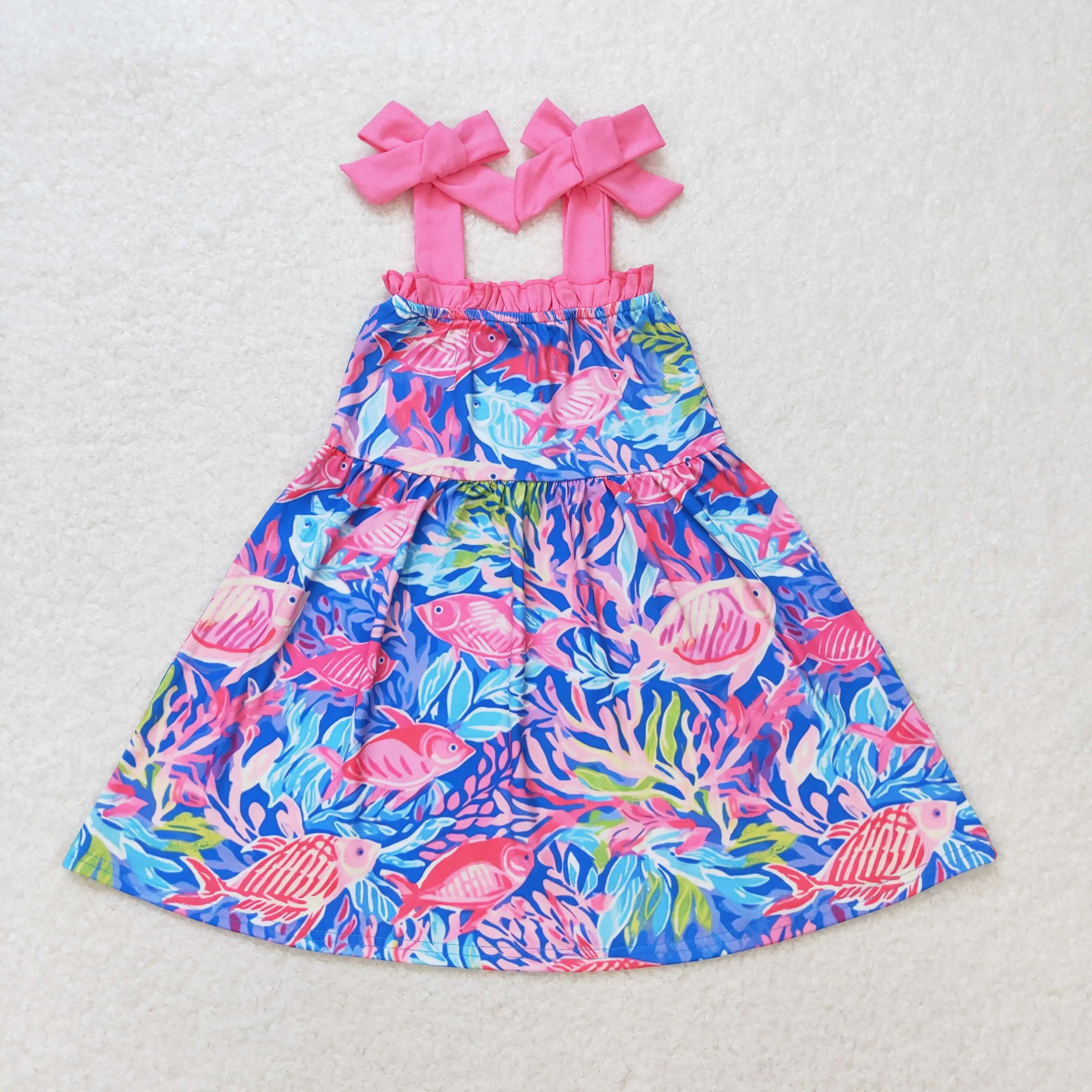 

Baby Girls pink floral fish Dress toddlers Wholesale Boutique summer Clothing Children Kids short Sleeves twirl Skirts popular