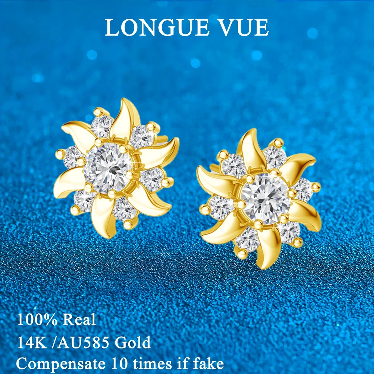 100% 14K Gold Petals Stud Earrings For Women Sunflower Puncture Earring Hypoallergenic AU585 Moissanite Ear Stud Girl Gift