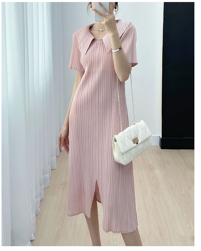 HOT SELLING Miyake fold turndown collar short sleeve solid dress IN STOCK