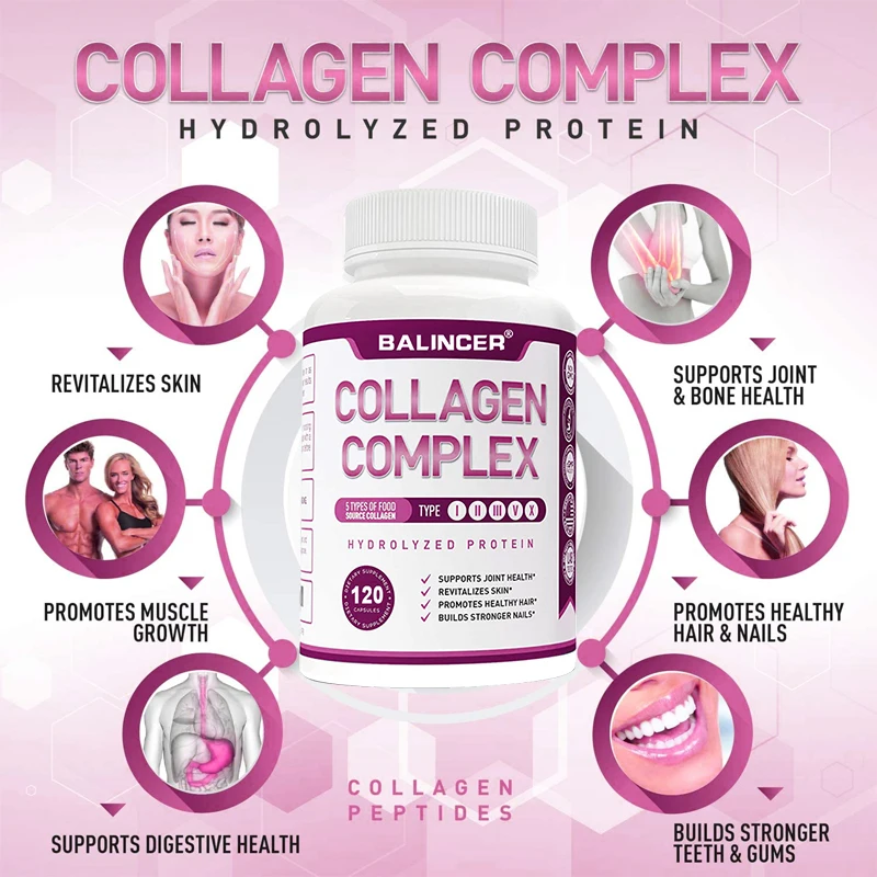 Collagen Complex Peptide Capsules (Types I, II, III, V, X) - Hair, Skin & Nails, Digestive & Joint Health, Hydrolyzed Collagen