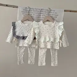 Ensemble de vêtements à manches longues pour bébés filles, leggings et bavoir en coton trempé, tenues décontractées pour tout-petits, bébé, mignon, floral, automne, nouveau, 3 pièces