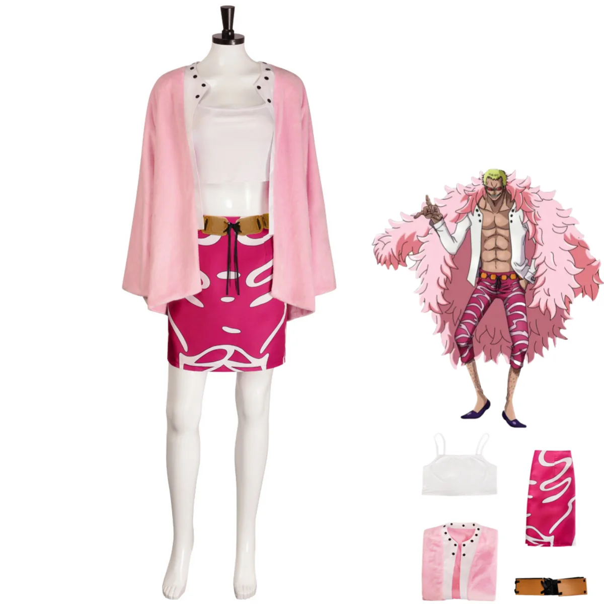 Anime Donquixote Doflamingo Cosplay Costume Thread Fruit Female Sexy Skirt Pink Plush Fur Coat Cloak Woman Carnival Party Suit