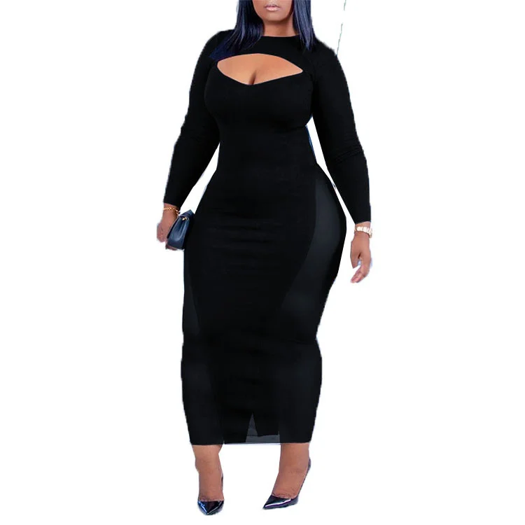 Plus Size Women Clothing New Large Women\'s Autumn Black Mid Length One Step Dress Long Sleeve Template Commuter Color Mesh Dress