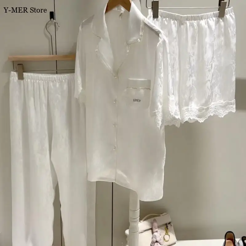 

Белые кружевные жаккардовые пижамы De Mujer, одежда для сна из 2 предметов, женская атласная ночная рубашка, роскошные пижамы Mujer, домашняя одежда, одежда для дома