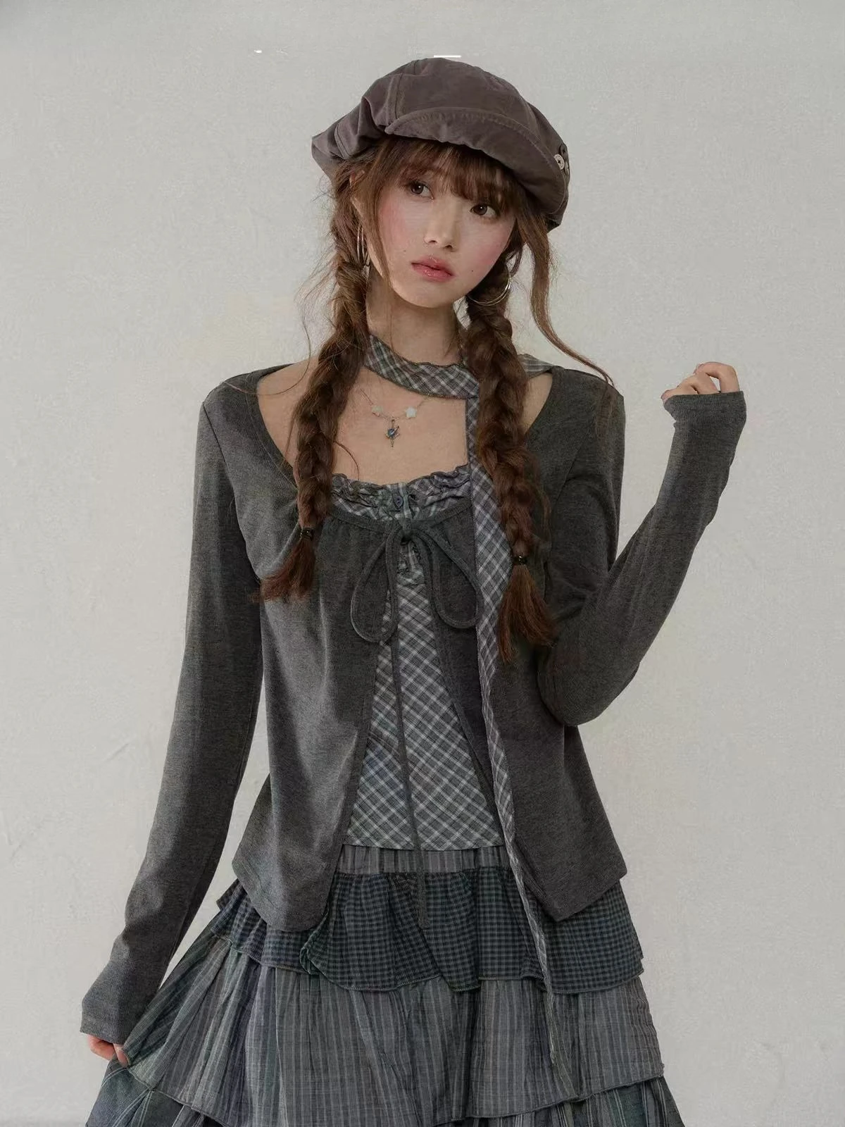 Lolita Y2K Fake Two Long Sleeve Pullover Tops Sweet Subculture Vintage Slim Tees Girls Elegant Autumn Winter Daily Shirts