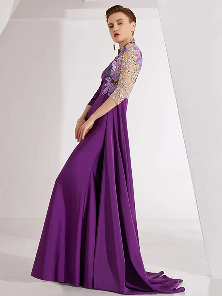 Half Sleeves Purple Evening Dress O-neck Sequins Beadings Formal Occasion Prom Gown Women Elegant Mother of the Bride Dresses