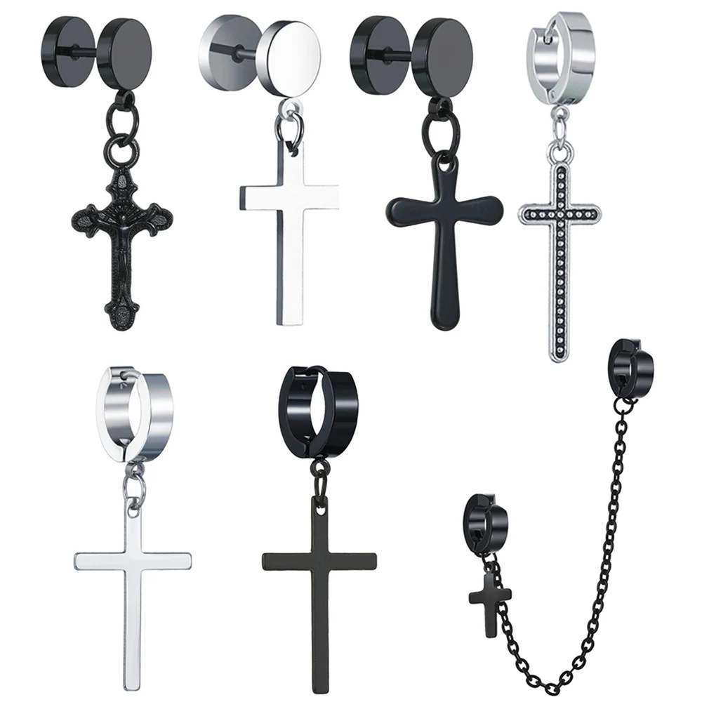 

1PC Women Men's Stainless Steel Dropping Earrings Piercing Black/Silver Color Cross Gothic Punk Rock Style Pendientes Mujer Moda