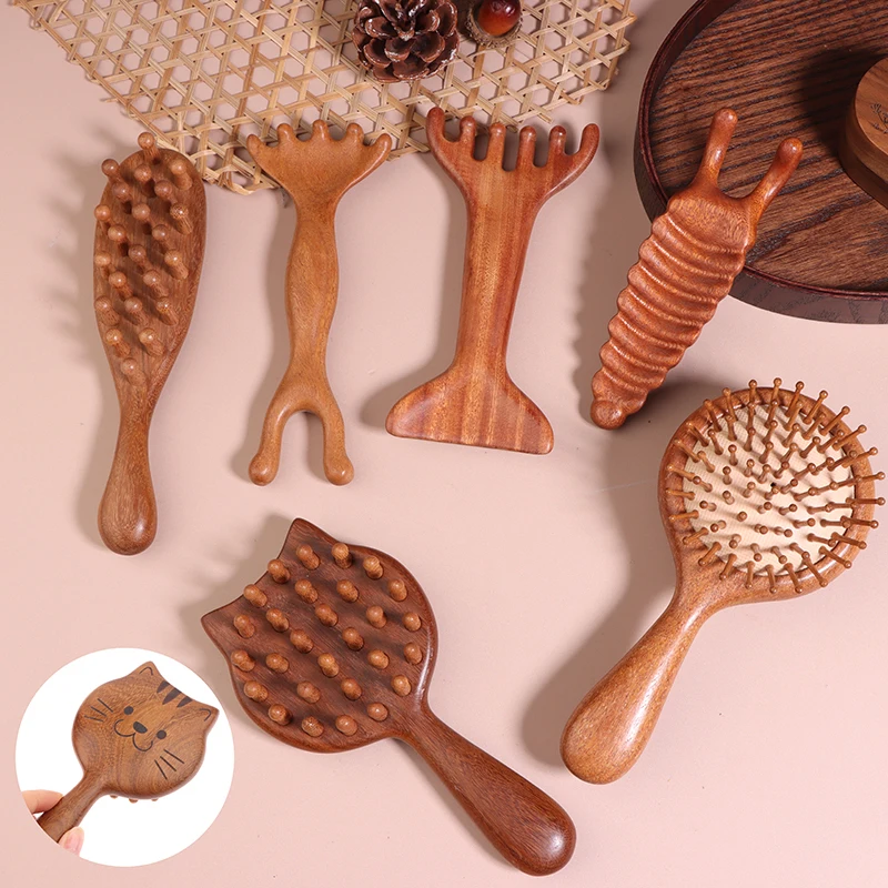 Pente de cabelo de sândalo, massageador de ponto de acupuntura para relaxamento do couro cabeludo, portátil, cabo de madeira, ferramenta de estilo antiestático, placa guasha, cuidados de saúde