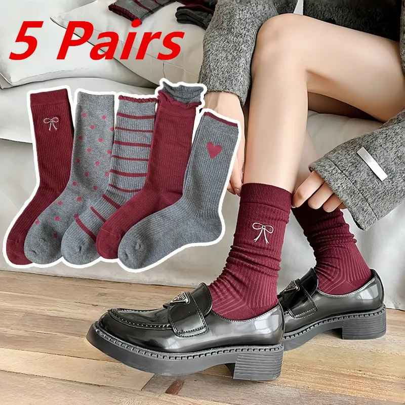 

5 Pairs Women Socks Red Gray Color Bow Dot Print Stripe Sweat Absorbing Breathable Soft Comfortable Casual Cotton Ruffle Sock