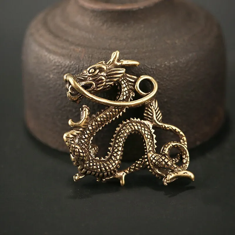 Chinese Vintage Solid Brass Chinese Zodiac Dragon Pendant Hollow-Carved Keychain Charm Desktop Collectible Ornament