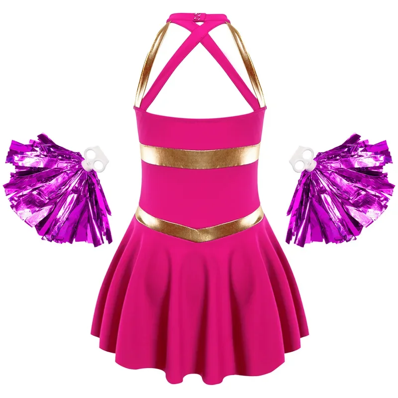 Kids Girls Cheer Costume Halloween Cheerleading Uniform Halter Letters Printed Dance Dress with Pompoms for Stage Performance