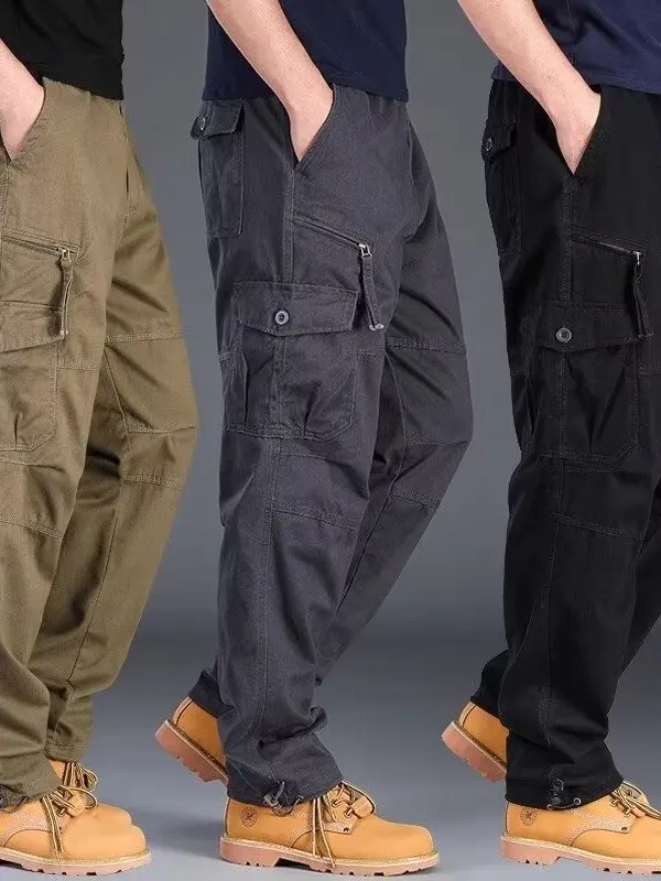 Outdoor Men's Work Trousers Multi-Pocket Loose Straight Leg Casual Pants Wear-Resistant Large Size Comfortable Long Pants