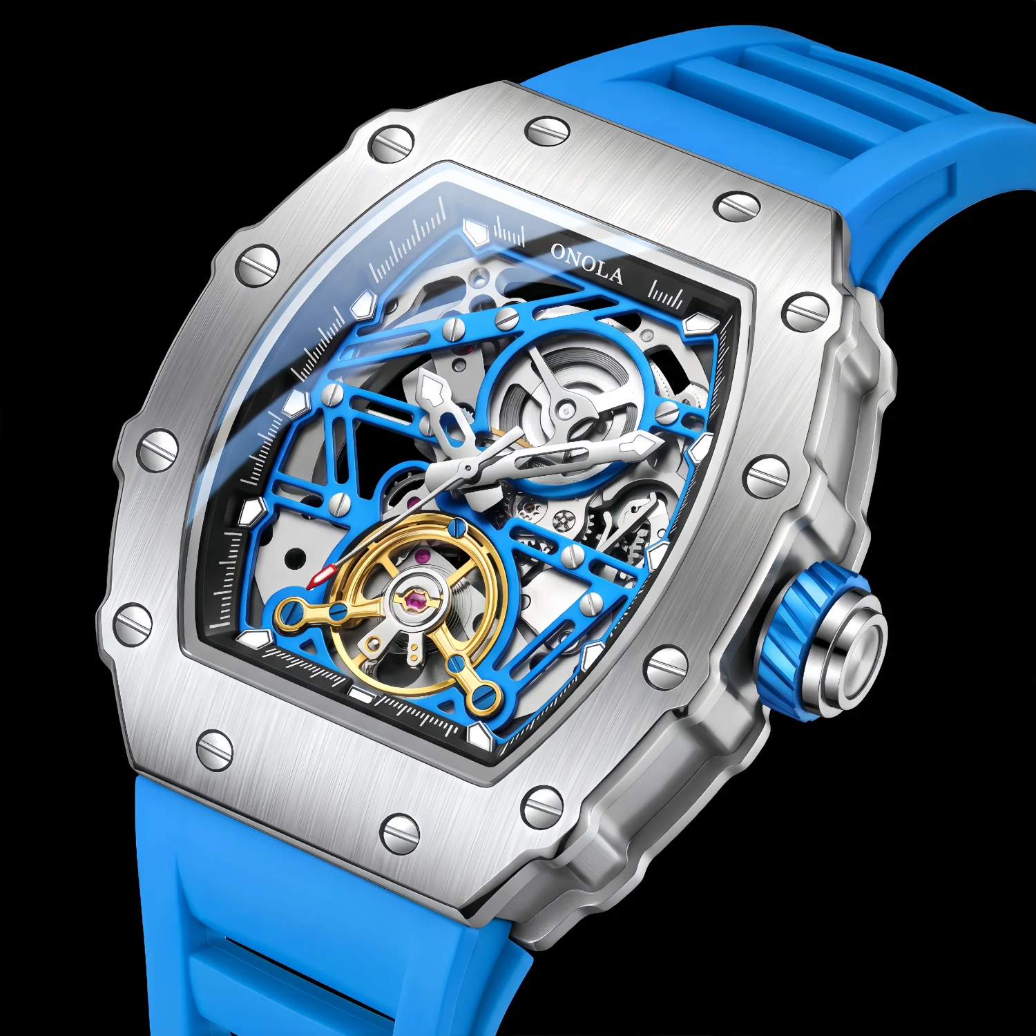 ONOLA Men's Mechanical Watch Skeleton Hollow Dial Fashion Sports Hip Hop Watch, Suitable for Boyfriend Husband Outdoor Daily Gif