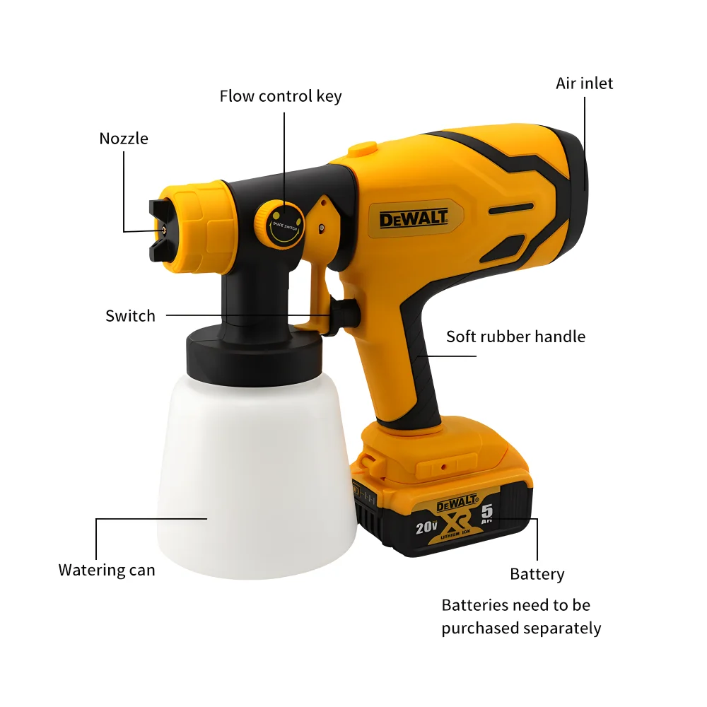 Dewalt 20v bateria 1000ml sem fio pistola elétrica de alta potência pulverizador pintura auto móveis revestimento aço aerógrafo ferramentas elétricas