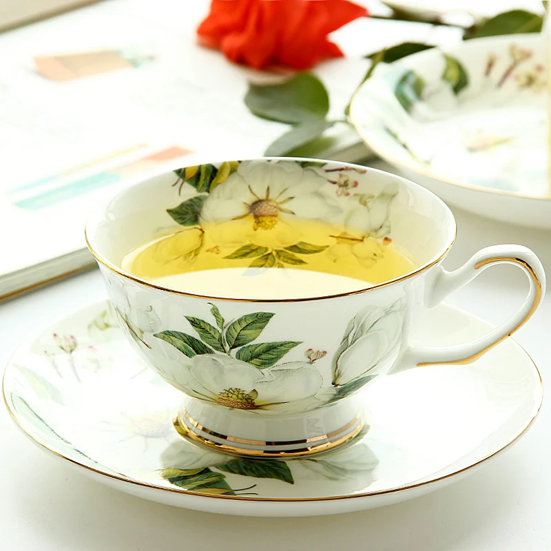 220ML, Fine Bone China Tea Cup Set with Saucer, Camellia Design Tasse a Cafe Ceramic Cup, Espresso Coffee Cups, and Saucer