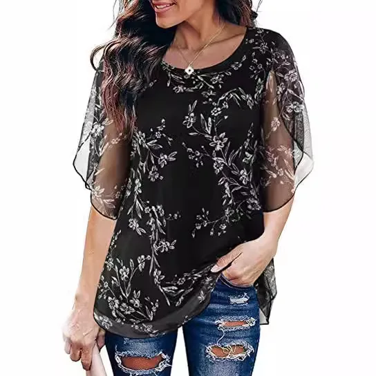 2025 New Summer Women's Shirt O-neck Loose Half-sleeved Pleated Printed Top Simple Versatile Basic Blouses for Female