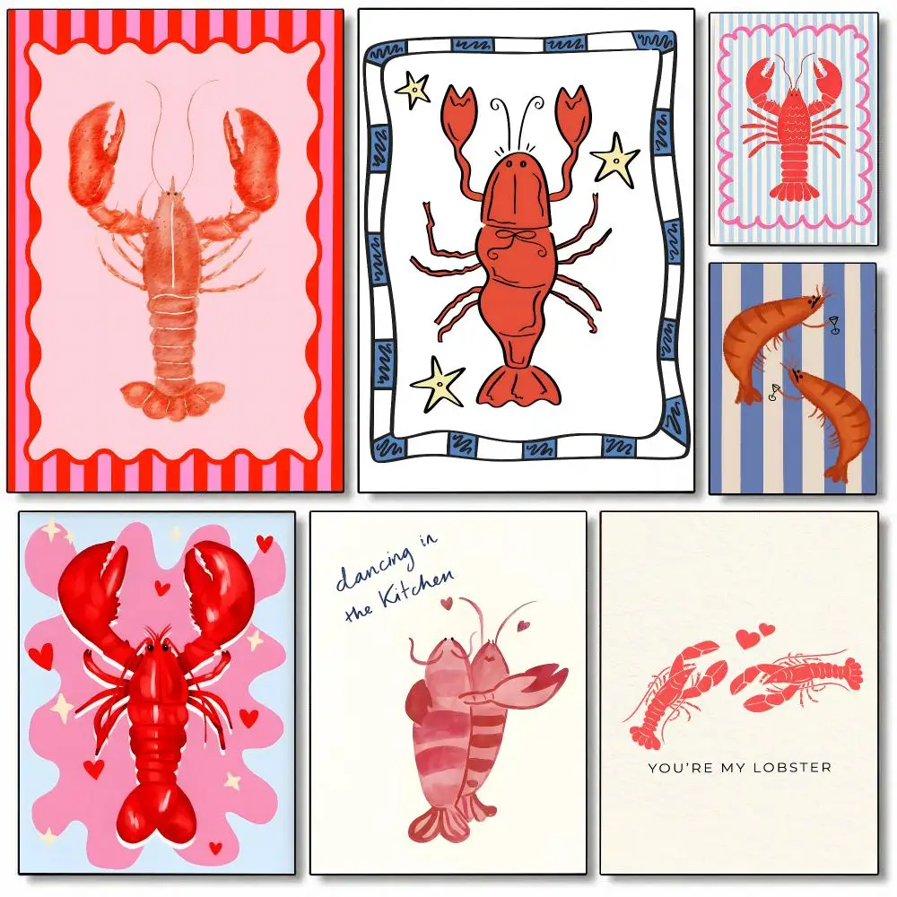 Cute Shrimp Cartoon Poster Self-adhesive Art Waterproof Paper Sticker Coffee House Bar Room Wall Decor