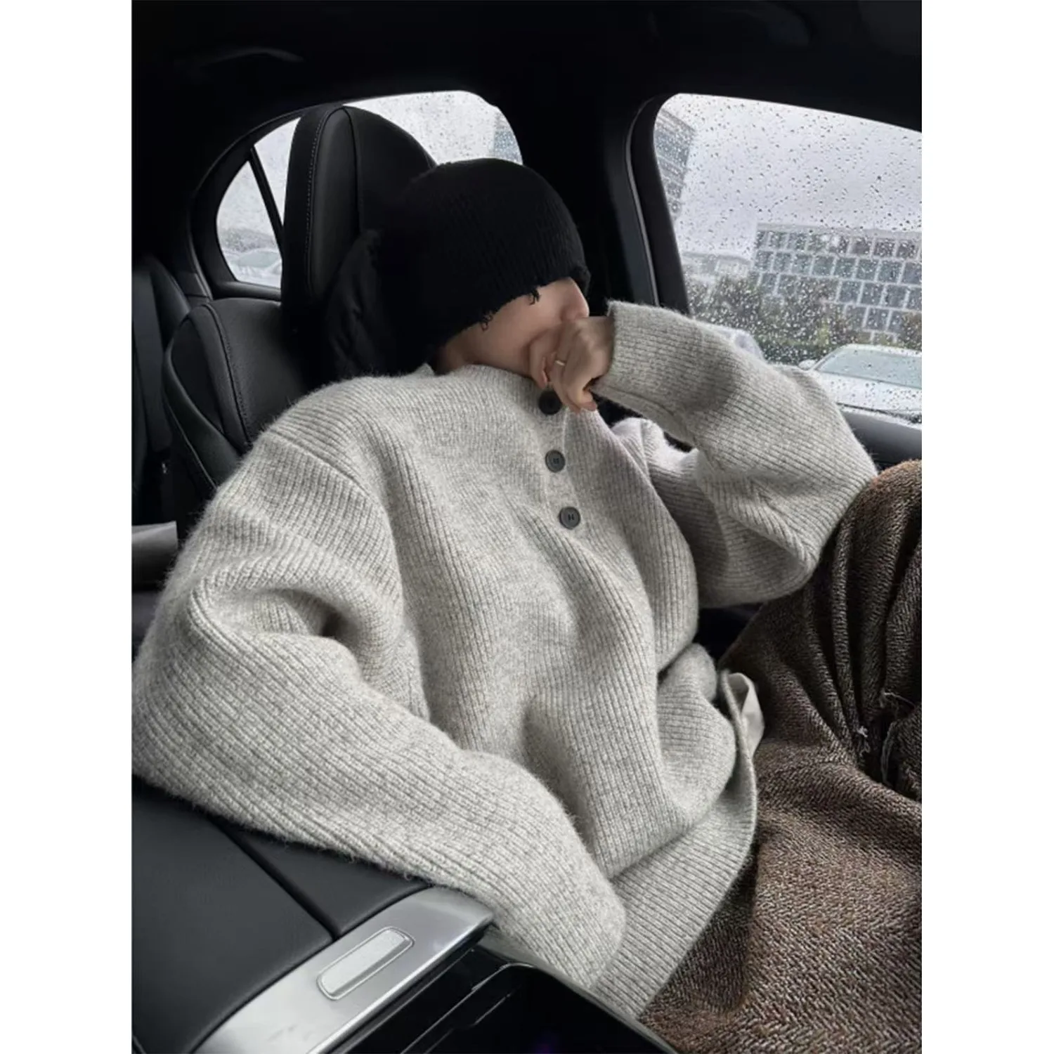 

Men's Oversized American Sle ey Knit Sweater Lazy Sle High-End Feeling Winter Outerwear Cleanfit Coat Polyester Fiber