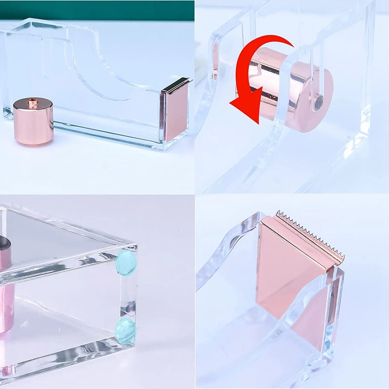 Dispenser di nastro, Dispenser di nastro da scrivania Dispenser di nastro acrilico trasparente per scuola, casa e ufficio-oro rosa