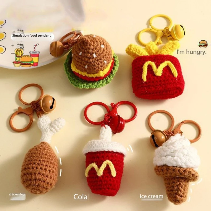 Creative Plush Knit Burger Fries Simulation Food Key Chain Pendant Cartoon Delicious Fried Chicken Legs Cola Ice Cream Keyring