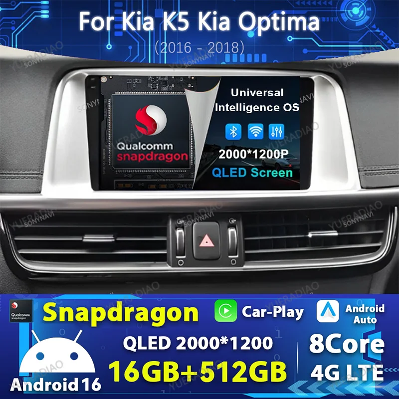 Radio para Auto Android 16 para Kia K5 Kia Optima 2016-2018, GPS NAVI, 4G WIFI, Reproductor Multimedia 2DIN, Unidad Principal con Pantalla QLED, Qualcomm, Bluetooth