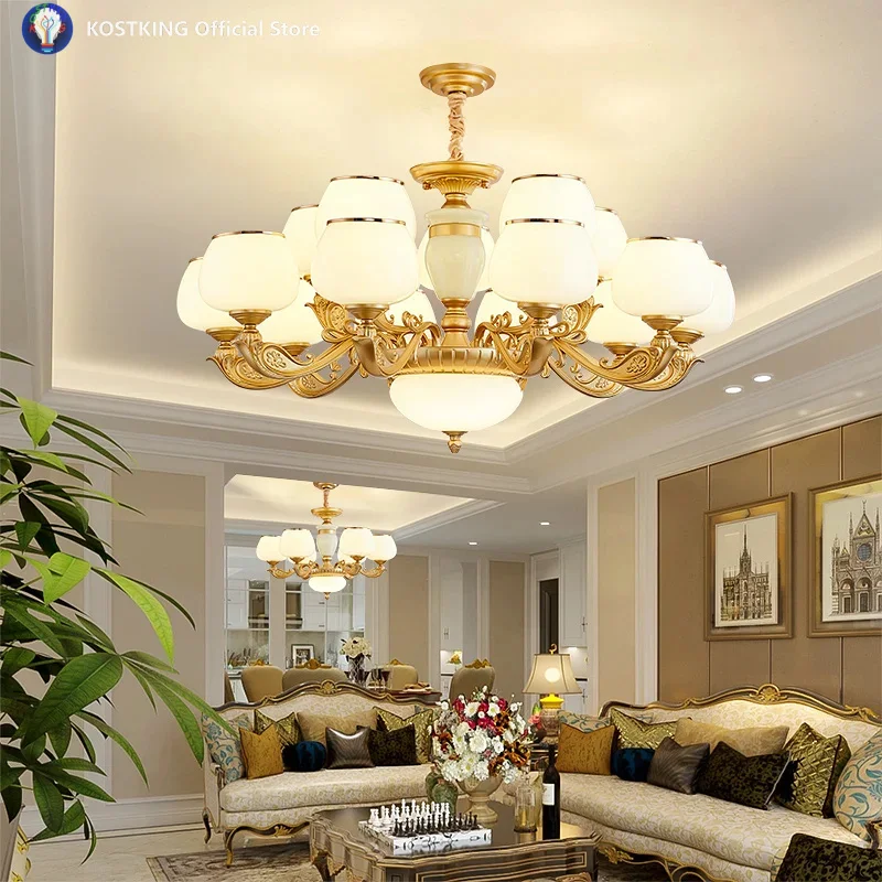 European Style Zinc Alloy Jade Glass Hardware Multi lamp Wall For Independent Villa Living Room Bedroom New Style Chandelier