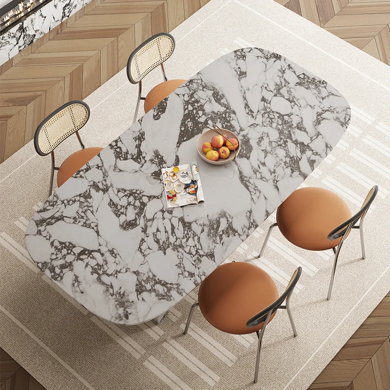 طاولة رخامية مستطيلة فرنسية فاخرة، أثاث فيلا بتصميم جمالي كريمي، طاولة طعام عصرية من الحجر الطبيعي ​