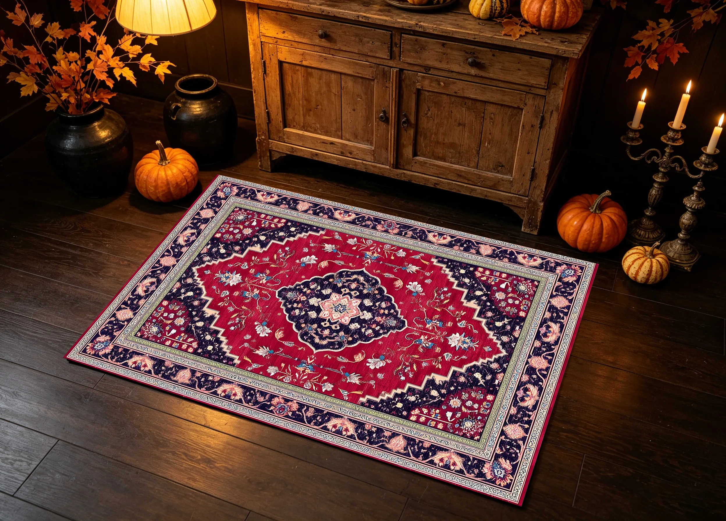 Velvet Rug Red Background Diamond Persian Floral Pattern Retro Style for Living Room Bedroom Decor