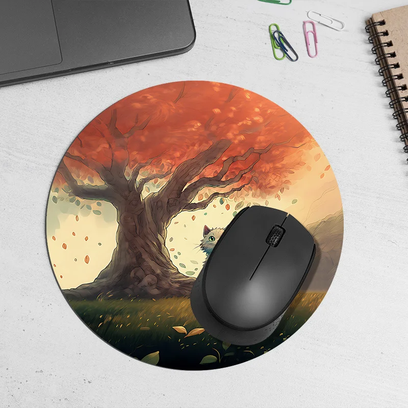 Circular cat tree printed mouse pad with anti-slip rubber base is durable and comfortable, suitable for gamers in autumn scenes