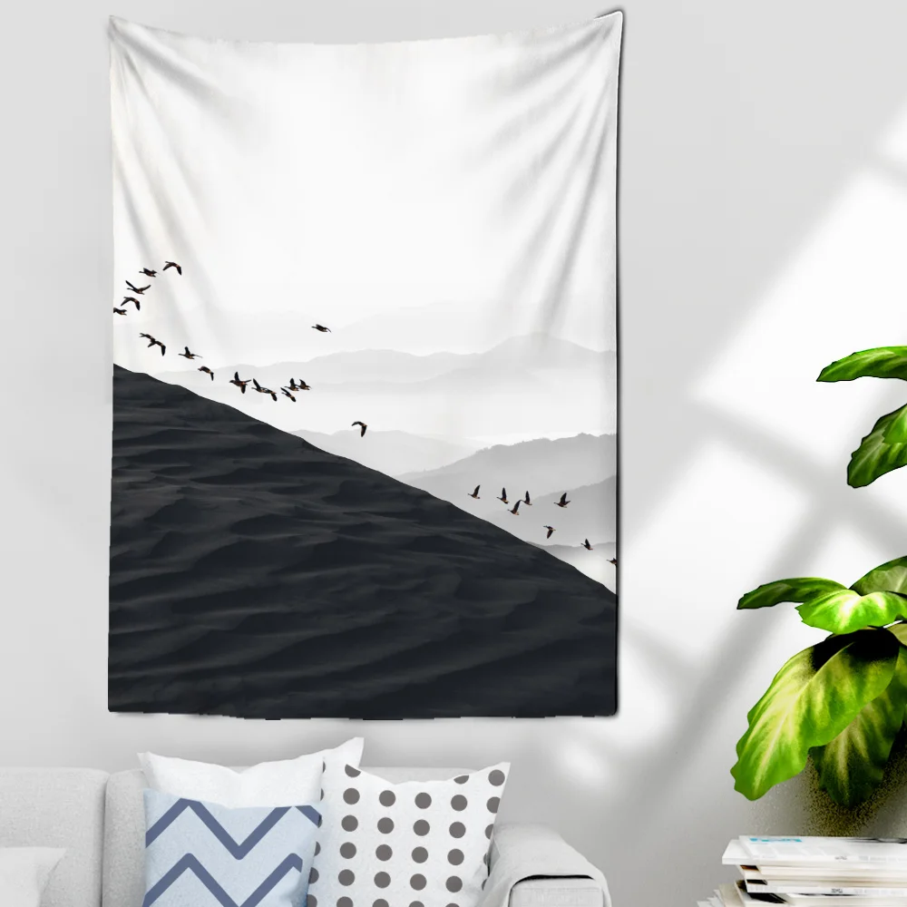 Simple Black and White Style Landscape Tapestry Mountains Birds Living Room Home Background Hanging Cloth Wall Decoration TAPIZ