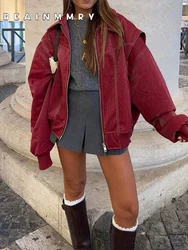 Giacca da donna in pelle con cerniera rossa vino Casual manica lunga con risvolto cappotto corto capispalla moda autunno Vintage