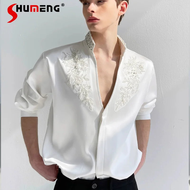 

2026 Men's Spring New Fashion Satin Stand Collar Tops Simple Delicate Pearl Rhinestone Chic Shirts Fashion Pearl Handsome Shirts