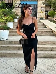 TRAFZA Female Summer Chic Sling Dresses Black V-Neck Sleeveless Backless Hollow Split Hem Side Zipper Women's Midi Dress Mujer