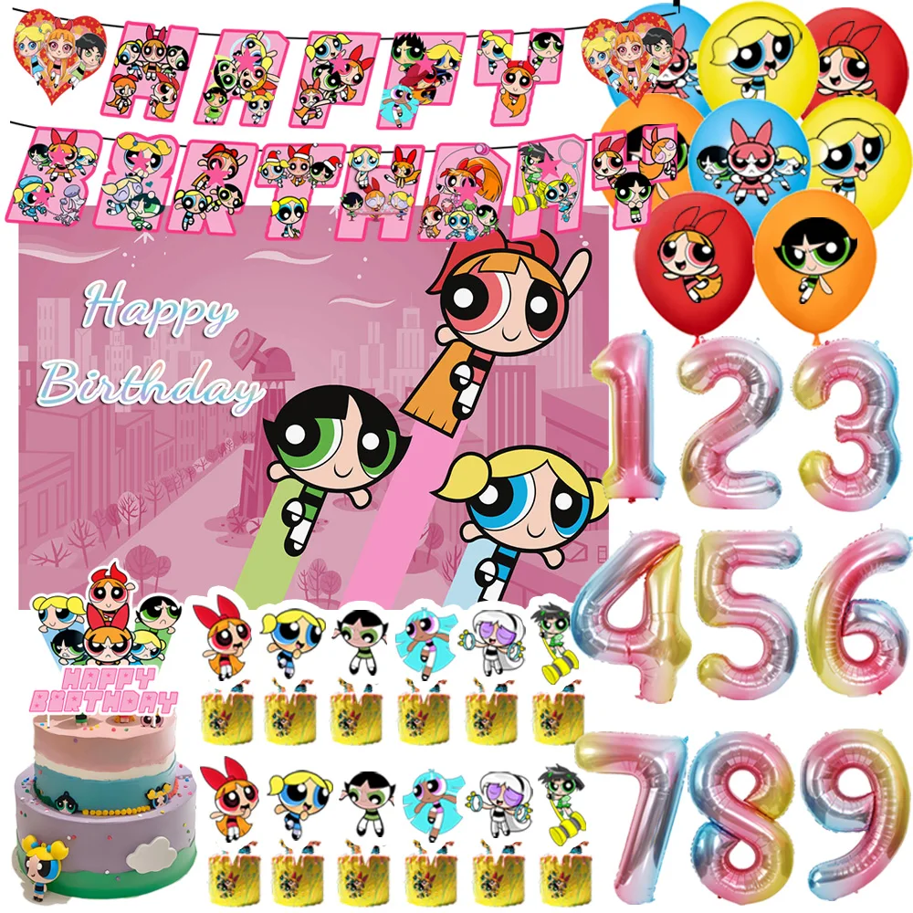 

The P&Powerpuff Girls Theme Birthday Party Decoration Backdrop Banner Number Latex Balloons Cake Topper Kids Baby Shower Gifts