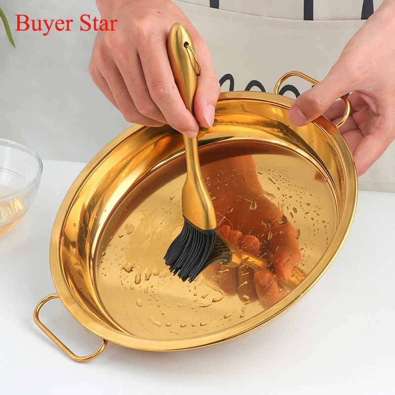 Round Stainless steel pan cakPizza Baking tray with handle Noodle food serving pot tableware cookware Gold Metal kitchen tools