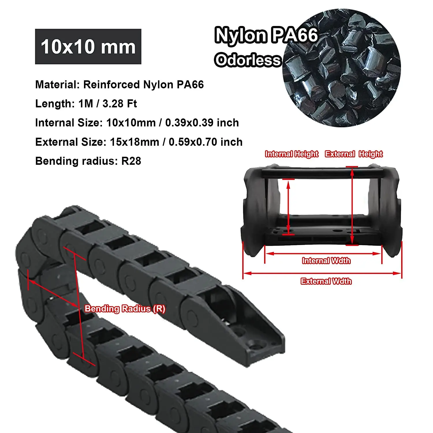 10x10mm Cable Carrier Drag Black Plastic Flexible Nylon Chains 1M with End Connectors for 3D Printer CNC Machine Router Mill