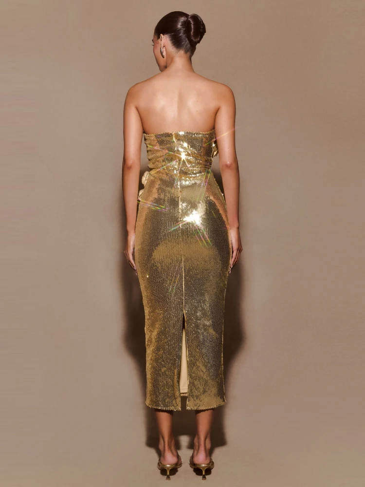 セクシーなストラップレスの高級フラワーグリッタースパンコールロングドレス女性ゴールドキラキラスパンコールノースリーブボディコンドレスイブニングパーティークラブ