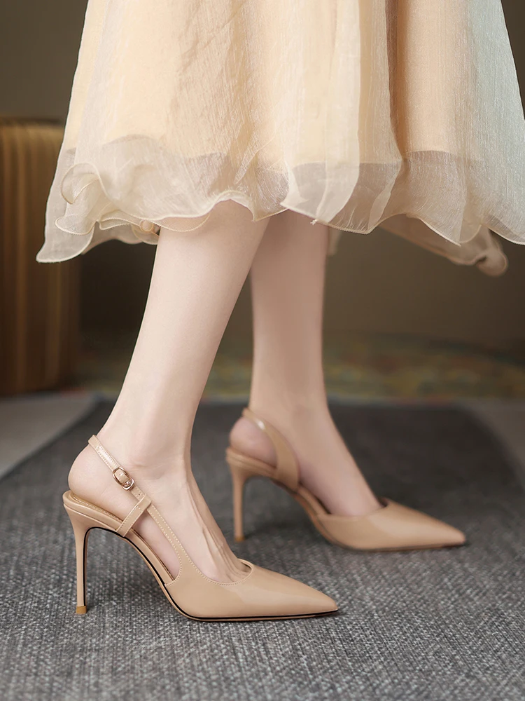 

Naked color single buckle with toe cap sandals, women's new summer pointed thin heel temperament versatile high heels