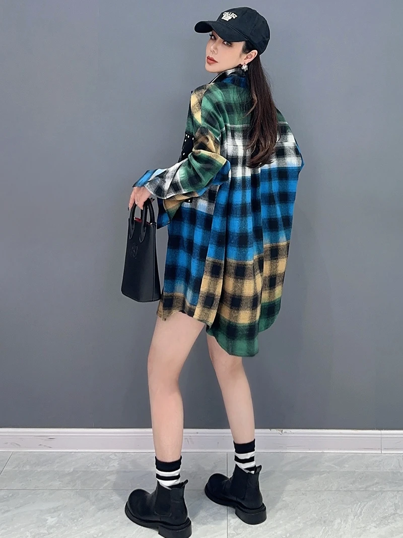 Vefadisa 2024 Autumn New Blue Women Plaid Shirts Turn-down Collar Long Sleeve Patchwork Shirt Casual Fashion Loose Coat ZXY594A