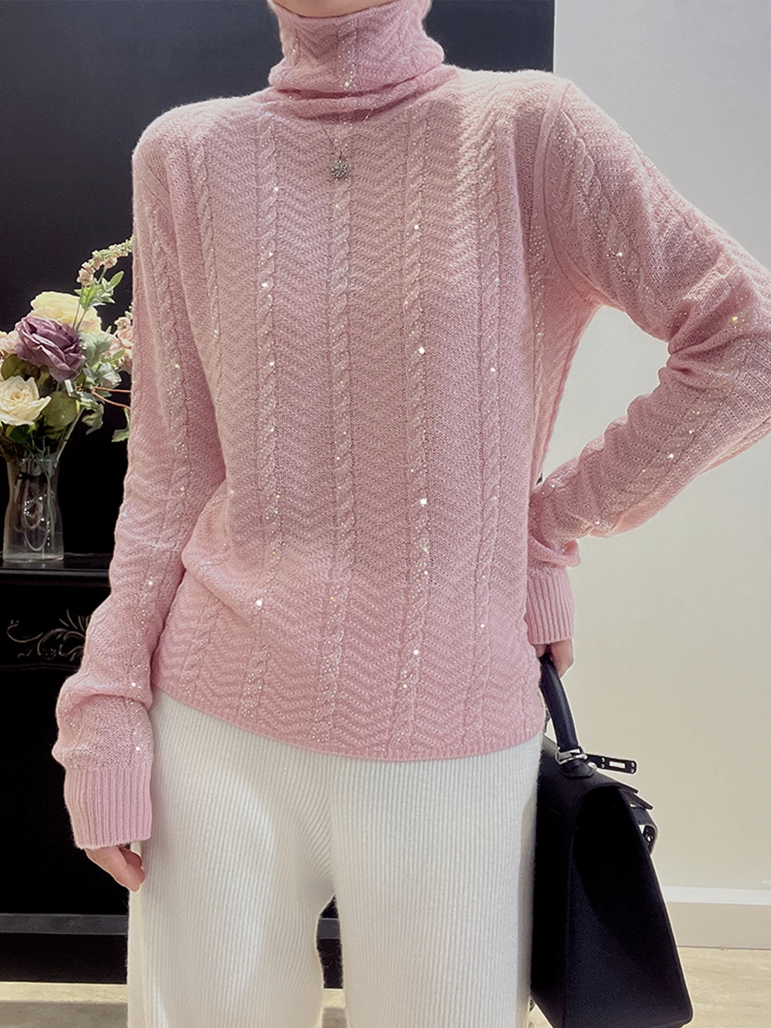 

Bling Water Diamond Fairy Design High Collar Woolen Knitted Sweater Inner Wear Base Layer Glittering Embellied Knitwear