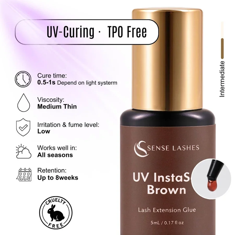 SENSE LASHES 5ml UV Instaset Brown Glue for Eyelash Extensions 0.5-1s Water-proof Eyelash Glue/Adhesive