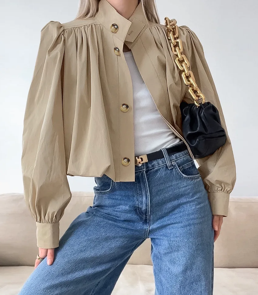 Women's British Style Pleated Windbreaker Jacket Autumn 2026 Short Stand up Collar Bubble Sleeves Loose Fit Khaki