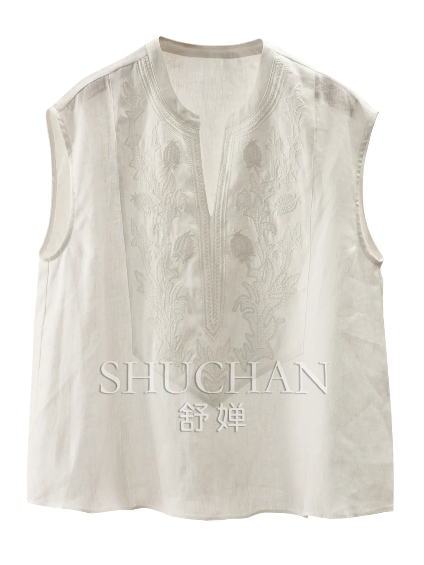 

SHUCHAN Natural Free 100% Linen Heavy Industry Embroidered Vest Shirt Women's 71L2 Blusas De Verano Mujer 2026
