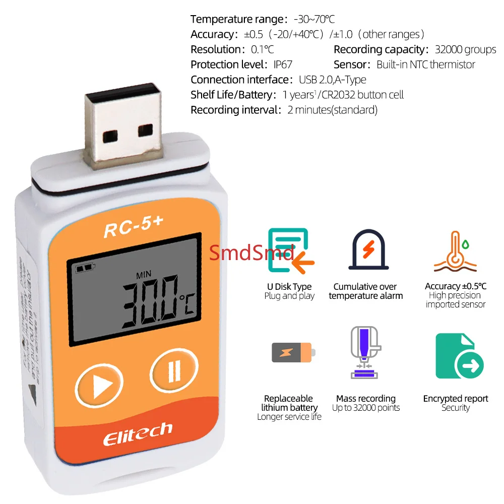 RC-5+ USB Data Logger Recorder PDF Reusable Temperature Data Logger Upgrade for Refrigeration Cold Chain Transport Labs