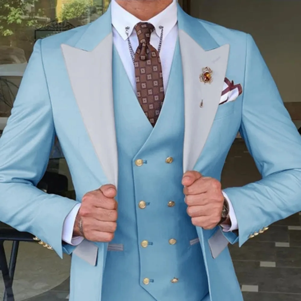 Light Blue เจ้าบ่าว Tuxedos ชายชุด 3 ชิ้น SLIM FIT ที่ดีที่สุด Man งานแต่งงานชุด Tailor Made เครื่องแต่งกาย Homme (เสื้อ + เสื้อกั๊ก + กางเกง)