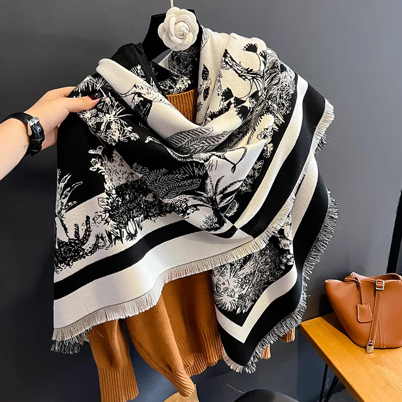 Luxury Brand Cashmere Women Floral Scarf Winter Warm Shawl and Wrap Bandana Pashmina Female Foulard Square Thick Blanket 2024